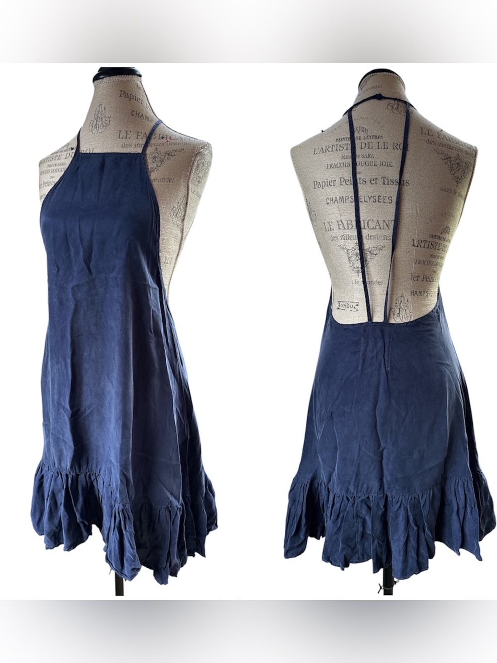 1 teaspoon garment‎ dyed deep blue bib halter dress with ruffled hem XS/S